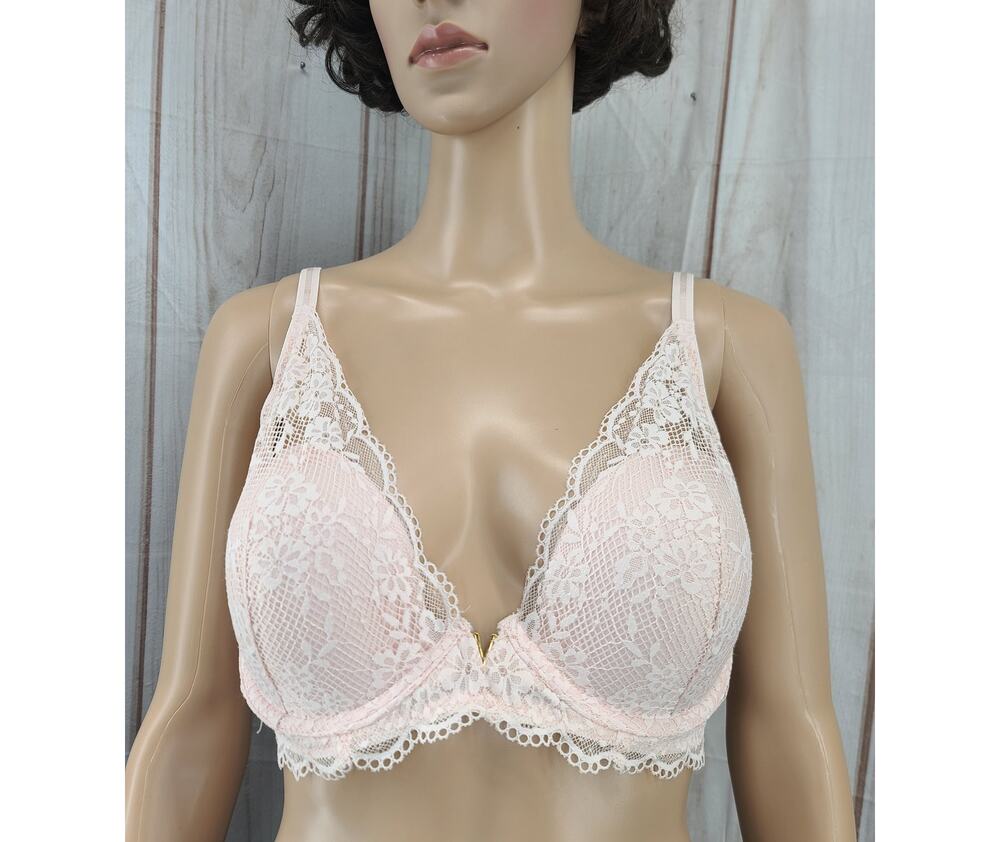 Victoria's Secret Pink Lace Plunge Push Up Bra 38C Gold Metal Logo "V"